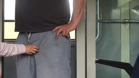 An unknown girl touches my dick in the train and then I jerk off in the bathroom.